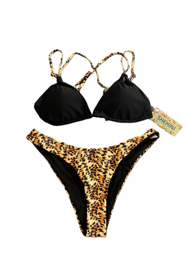 Shekini Leopard Print Bikini Set Black Triangle Top NWT Women’s L